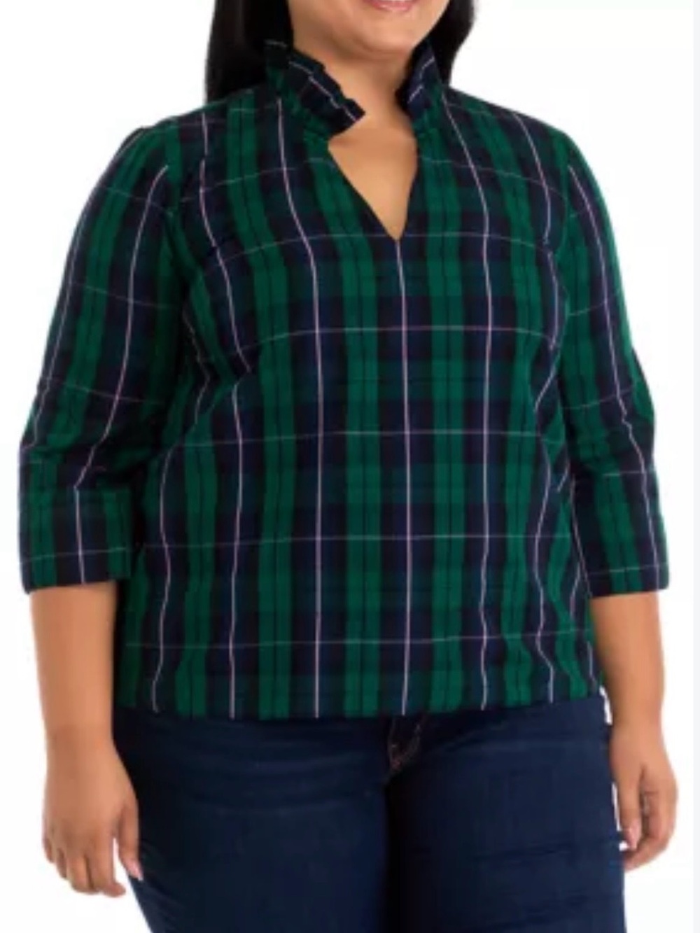 Crown & Ivy • Green Navy Plaid Ruffle Collar Popover Top • Size 2X